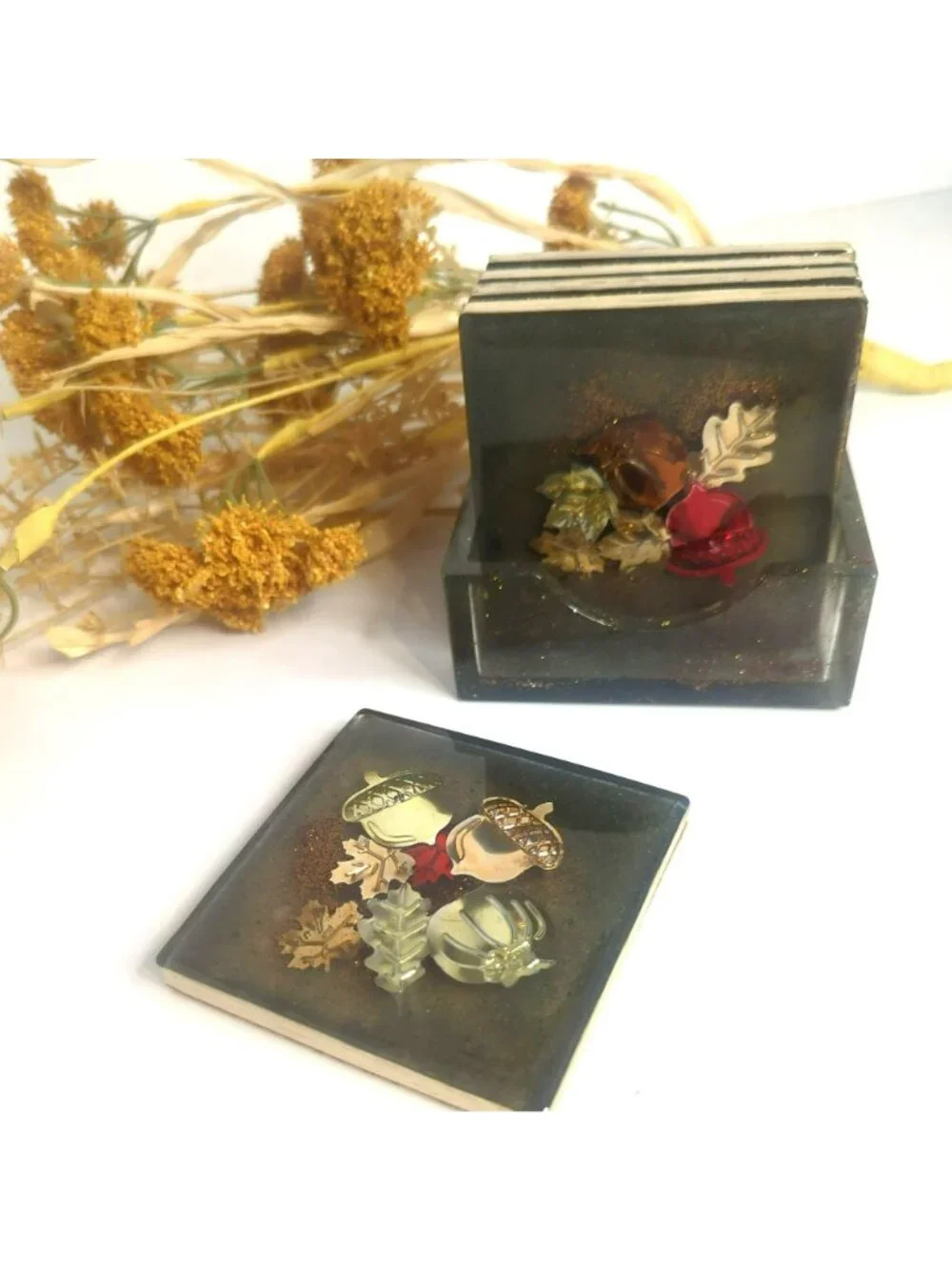 Handmade Resin Square Coaster Set With Holder Fall Autumn Themed Leaves Pumpkin